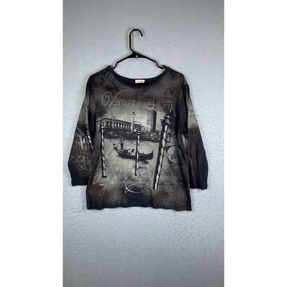 Cactus Shirt Womens‎ Large Brown Black Venice Graphic 3/4 Sleeve Scoop Neck